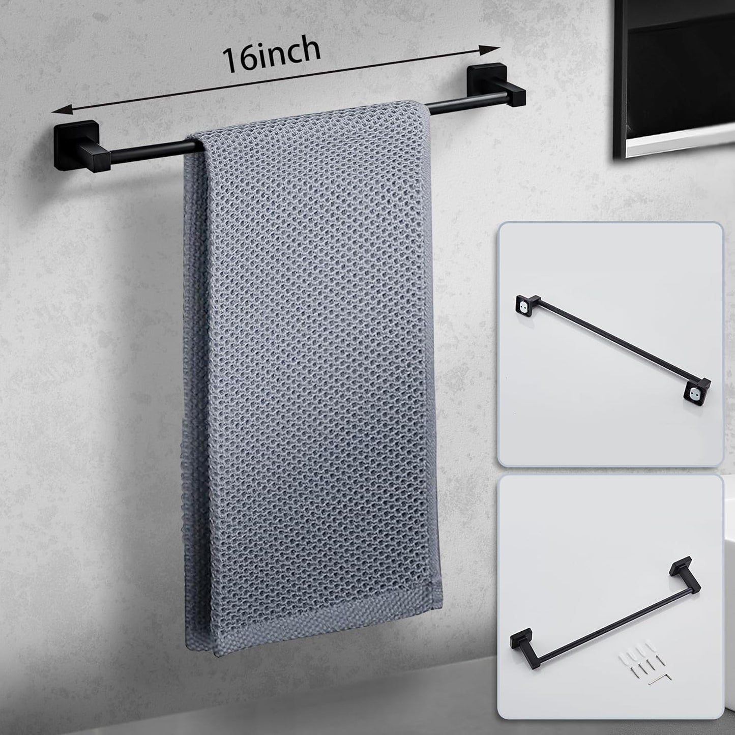 Matte Black Bathroom Hardware Set 4 Pieces,Towel Bar Set Stainless Steel Wall Mounted, Includes 16In Hand Towel Bar, Towel Ring, Robe Towel Hooks,Toilet Paper Holder, Bathroom Towel Rack Set