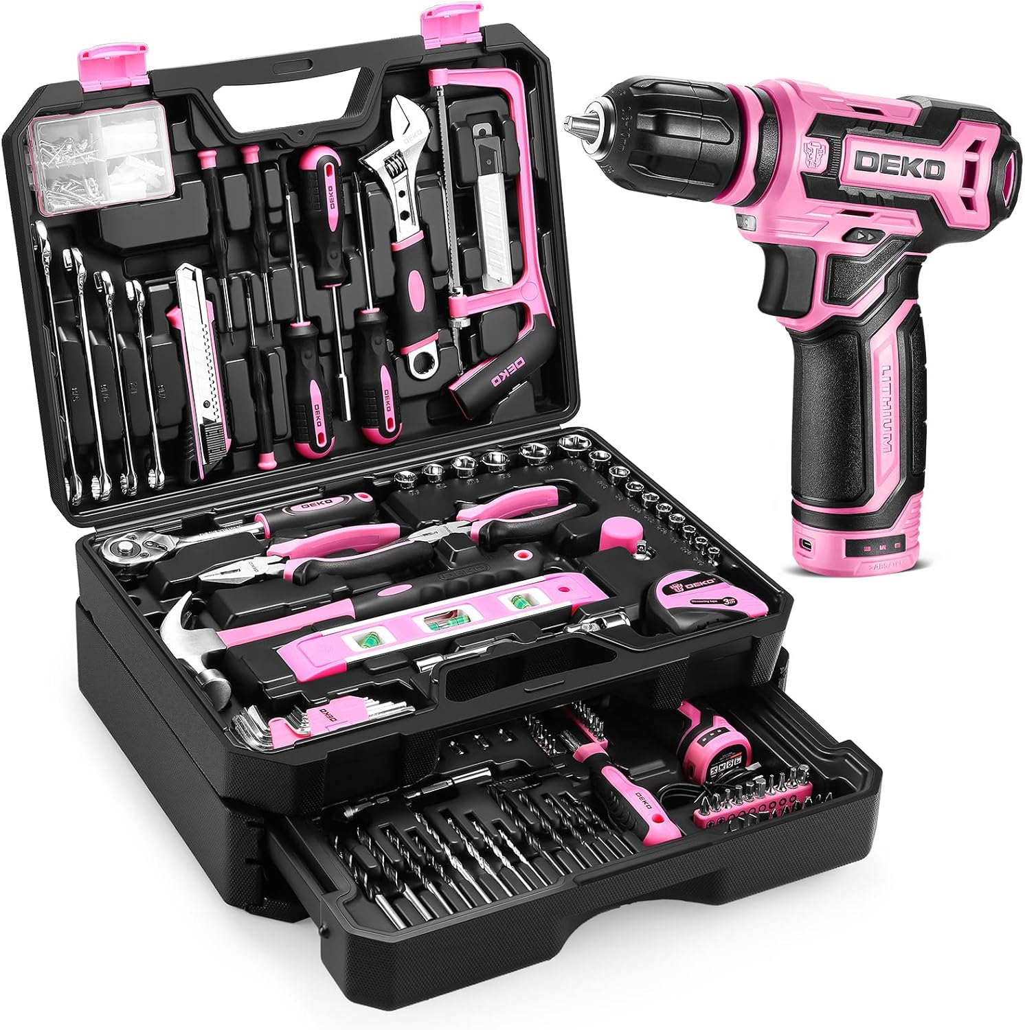 Pink Tool Kit Box Drill Set：DEKOPRO Home Mechanic Toolbox with 12V Power Cordless Drill Hand Repair Tools Sets Combo Kits Storage Organizer Drawer Case for Men & Women