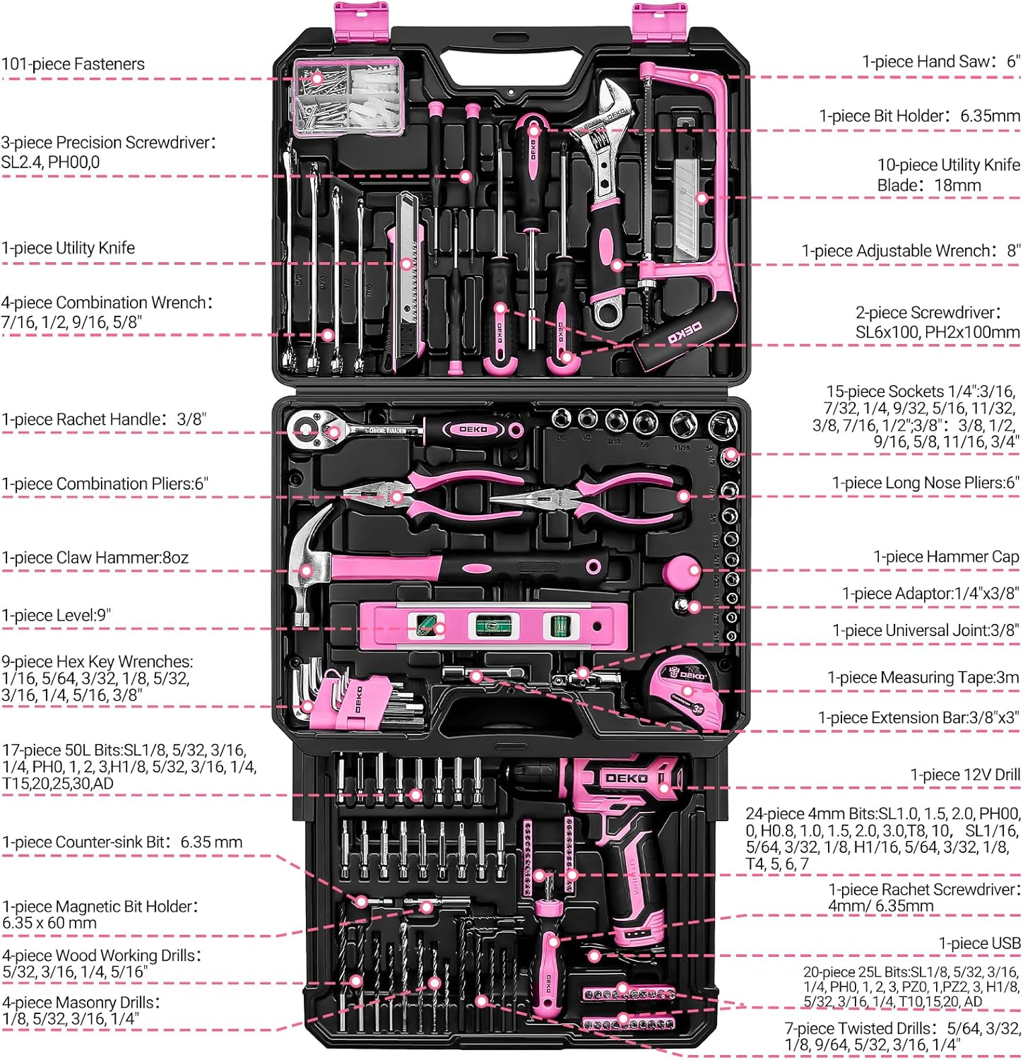 Pink Tool Kit Box Drill Set：DEKOPRO Home Mechanic Toolbox with 12V Power Cordless Drill Hand Repair Tools Sets Combo Kits Storage Organizer Drawer Case for Men & Women