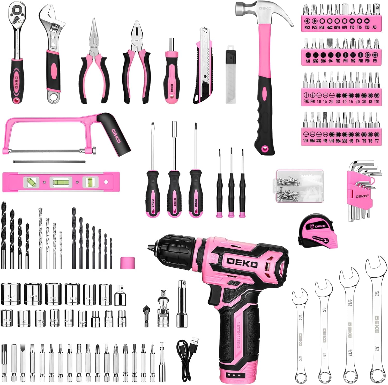 Pink Tool Kit Box Drill Set：DEKOPRO Home Mechanic Toolbox with 12V Power Cordless Drill Hand Repair Tools Sets Combo Kits Storage Organizer Drawer Case for Men & Women