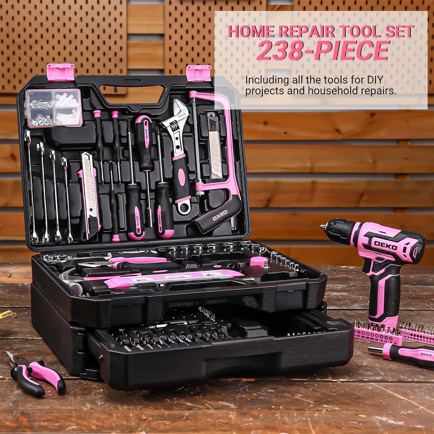 Pink Tool Kit Box Drill Set：DEKOPRO Home Mechanic Toolbox with 12V Power Cordless Drill Hand Repair Tools Sets Combo Kits Storage Organizer Drawer Case for Men & Women