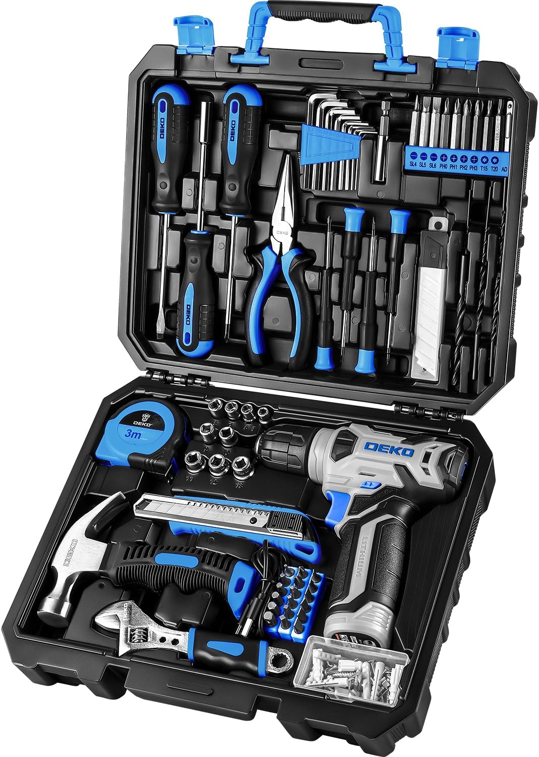 DEKOPRO Drill Set: Tool Set with 8V Blue Cordless Drill, Home Tool Kit with Drill, Hand Tool Kits for Women 126 Piece