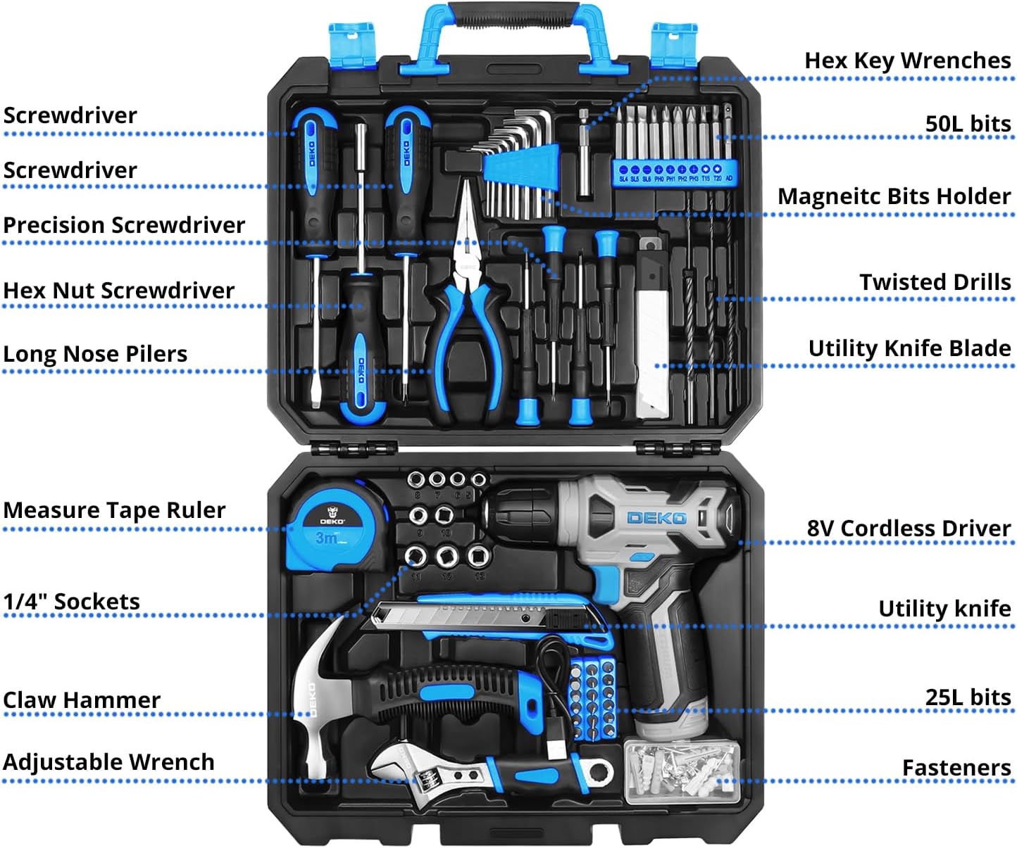 DEKOPRO Drill Set: Tool Set with 8V Blue Cordless Drill, Home Tool Kit with Drill, Hand Tool Kits for Women 126 Piece