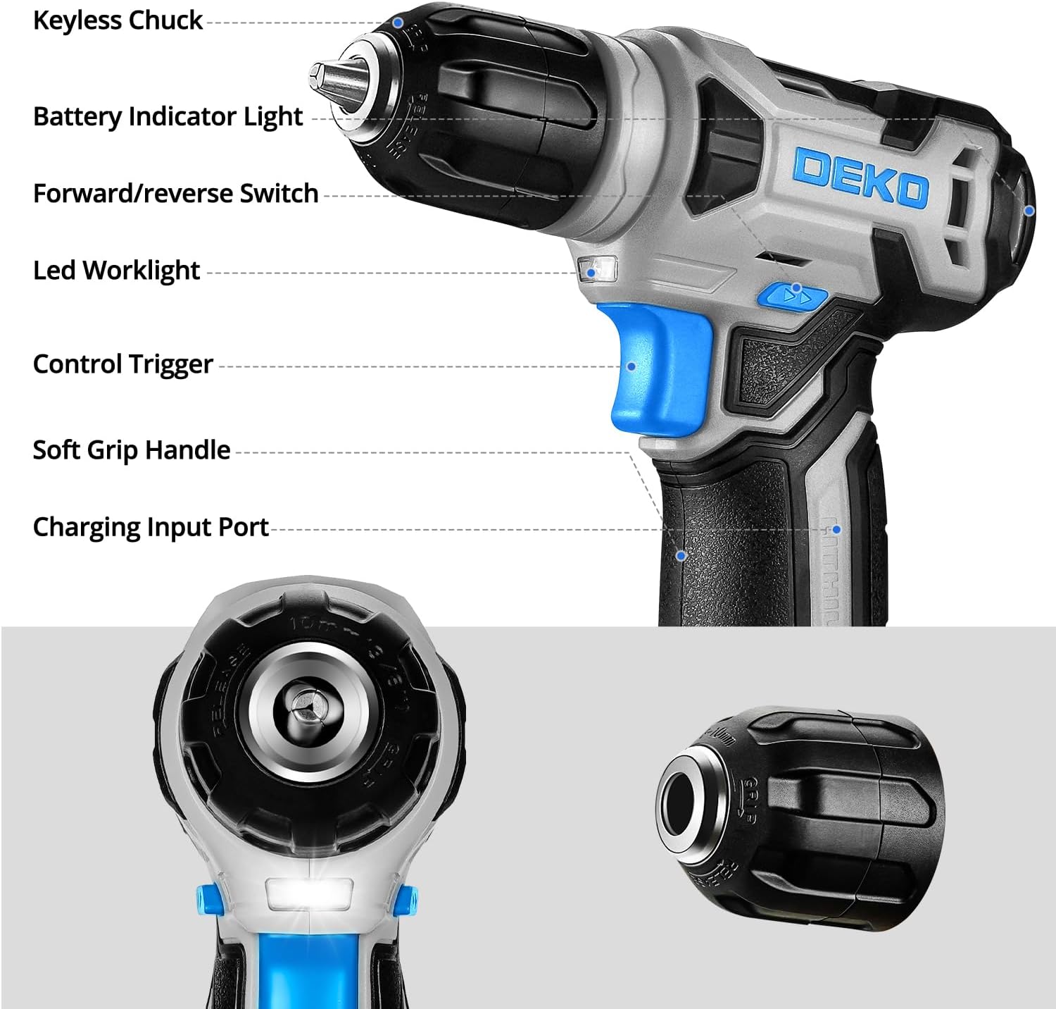 DEKOPRO Drill Set: Tool Set with 8V Blue Cordless Drill, Home Tool Kit with Drill, Hand Tool Kits for Women 126 Piece