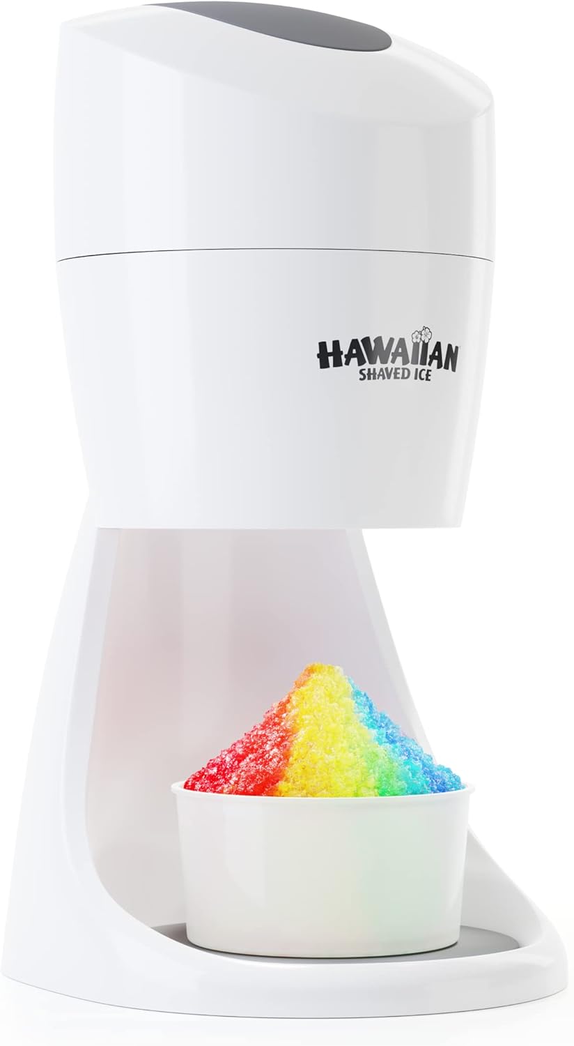 Hawaiian Shaved Ice S900A Snow Cone and Shaved Ice Machine with 2 Reusable Plastic Ice Mold Cups, Non-slip Mat, Instruction Manual, 1-year Manufacturer’s Warranty, 120V, White