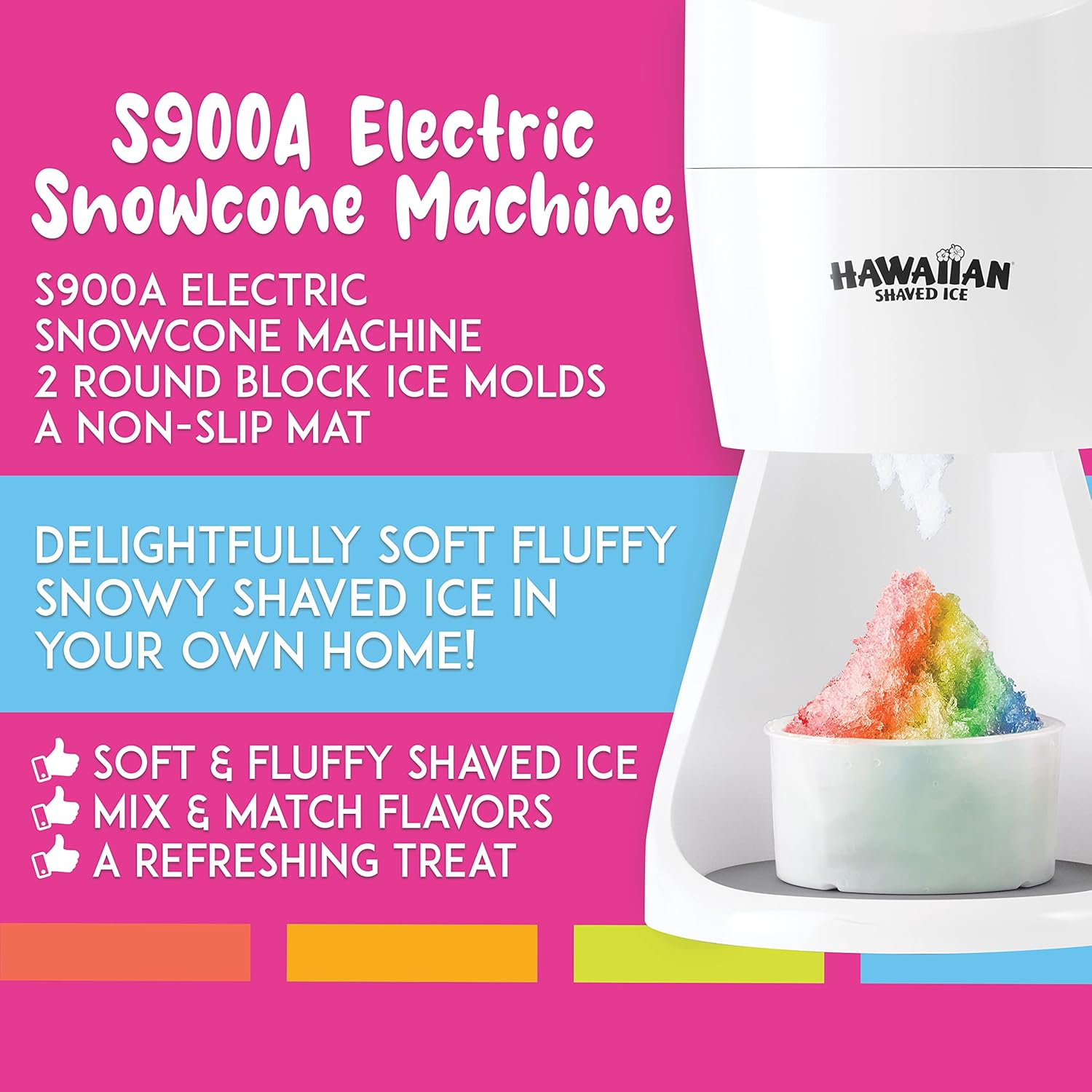 Hawaiian Shaved Ice S900A Snow Cone and Shaved Ice Machine with 2 Reusable Plastic Ice Mold Cups, Non-slip Mat, Instruction Manual, 1-year Manufacturer’s Warranty, 120V, White