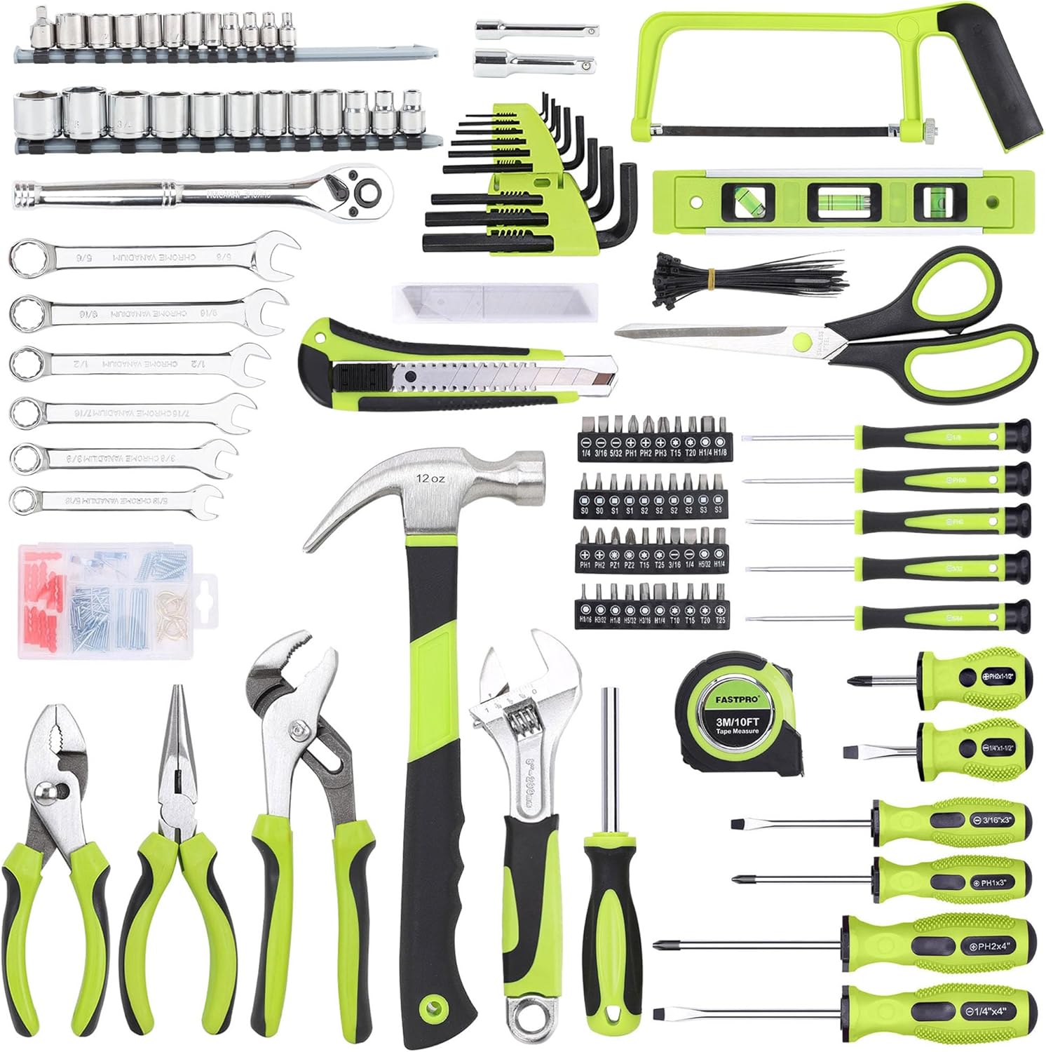 FASTPRO 267-Piece Home Tool Set, Household Repairing Tool Kit with 13-Inch Wide Mouth Open Tool Bag, Mechanics Hand Tool Kit for DIY, Home Maintenance, Green