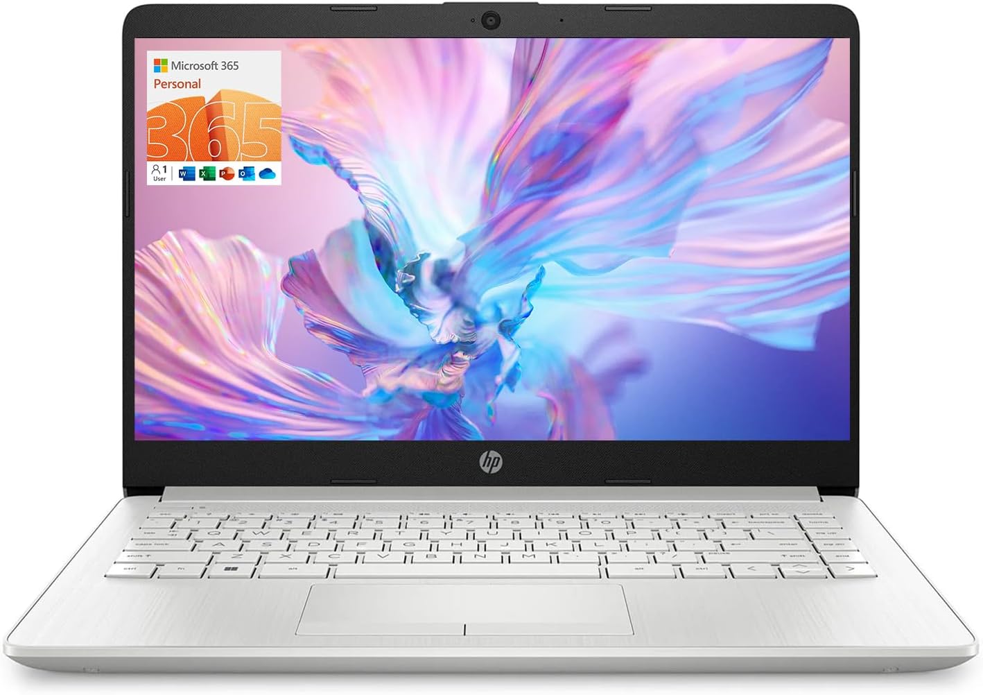 HP Portable Laptop, Student and Business, 14" HD Display, Intel Quad-Core N4120, 8GB DDR4 RAM, 64GB eMMC, 1 Year Office 365, Webcam, RJ-45, HDMI, Wi-Fi, Windows 11 Home, Silver