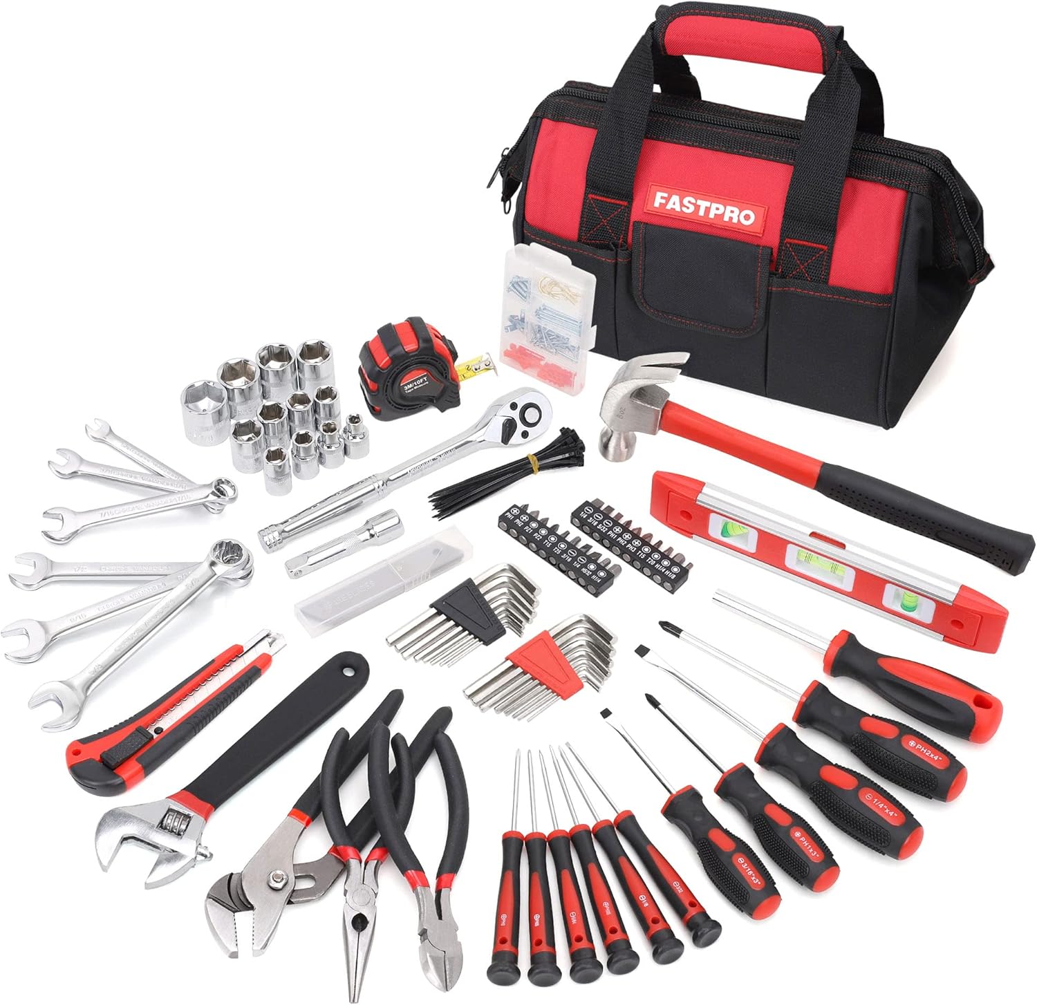 FASTPRO 236-Piece Home Repairing Tool Set, Mechanics Hand Tool Kit with 12-Inch Wide Mouth Open Storage Bag, Household Tool Set for DIY, Home Maintenance, Red