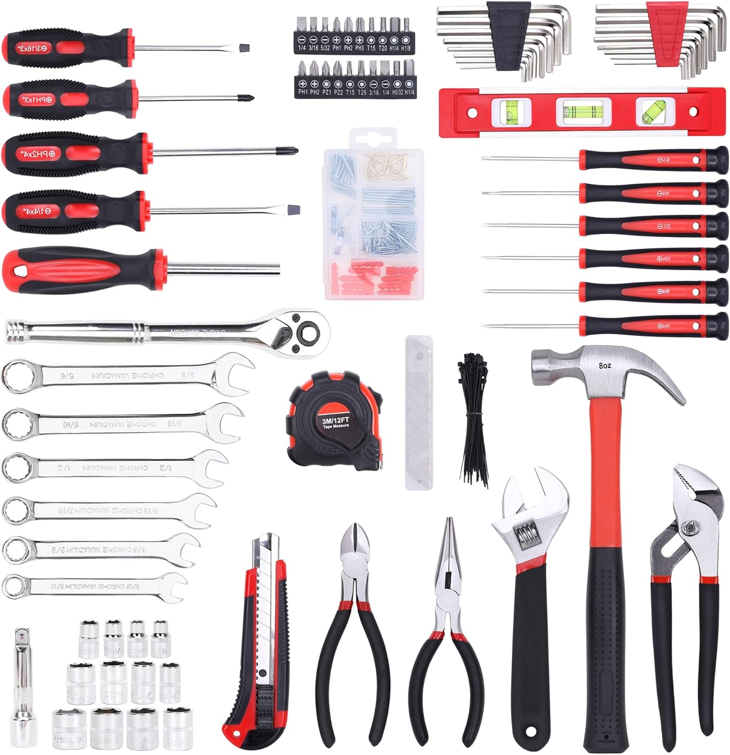 FASTPRO 236-Piece Home Repairing Tool Set, Mechanics Hand Tool Kit with 12-Inch Wide Mouth Open Storage Bag, Household Tool Set for DIY, Home Maintenance, Red