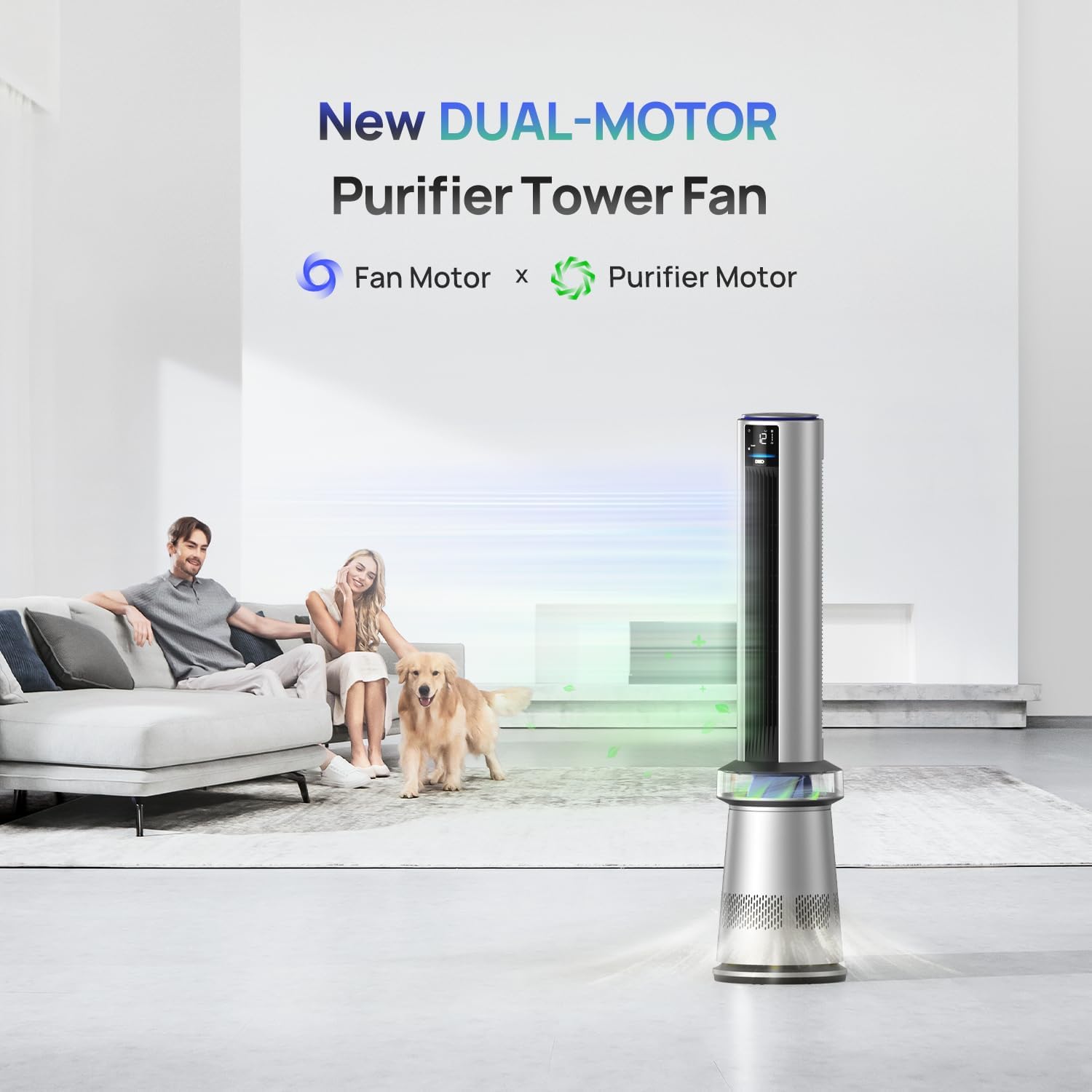 Dreo Air Purifier Tower Fan, 45" 2-in-1 Smart Fan for Bedroom, 27ft/s Velocity, 120°Oscillation, 24H Timer Bladeless Fans for Home, 25dB Low Noise, Standing Fan Works with Alexa, MC710S, Silver Blue