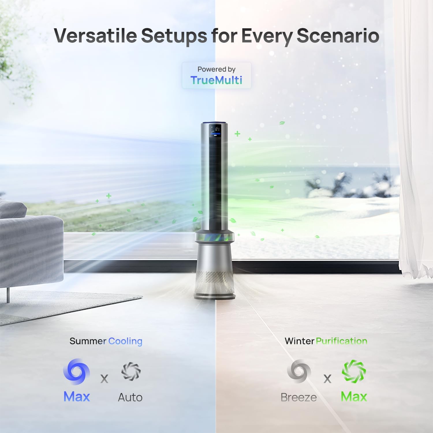 Dreo Air Purifier Tower Fan, 45" 2-in-1 Smart Fan for Bedroom, 27ft/s Velocity, 120°Oscillation, 24H Timer Bladeless Fans for Home, 25dB Low Noise, Standing Fan Works with Alexa, MC710S, Silver Blue