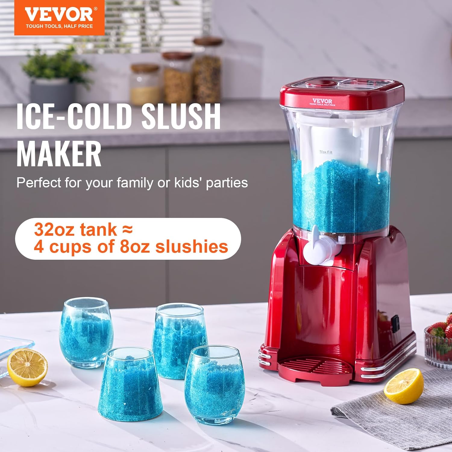 VEVOR Slushy Machine for Home, 32oz Tank Home-use Margarita Machine, Smoothie Frozen Drink Maker with Food-grade Materials, Slushie Machine for Home DIY, Kids' Parties, Red