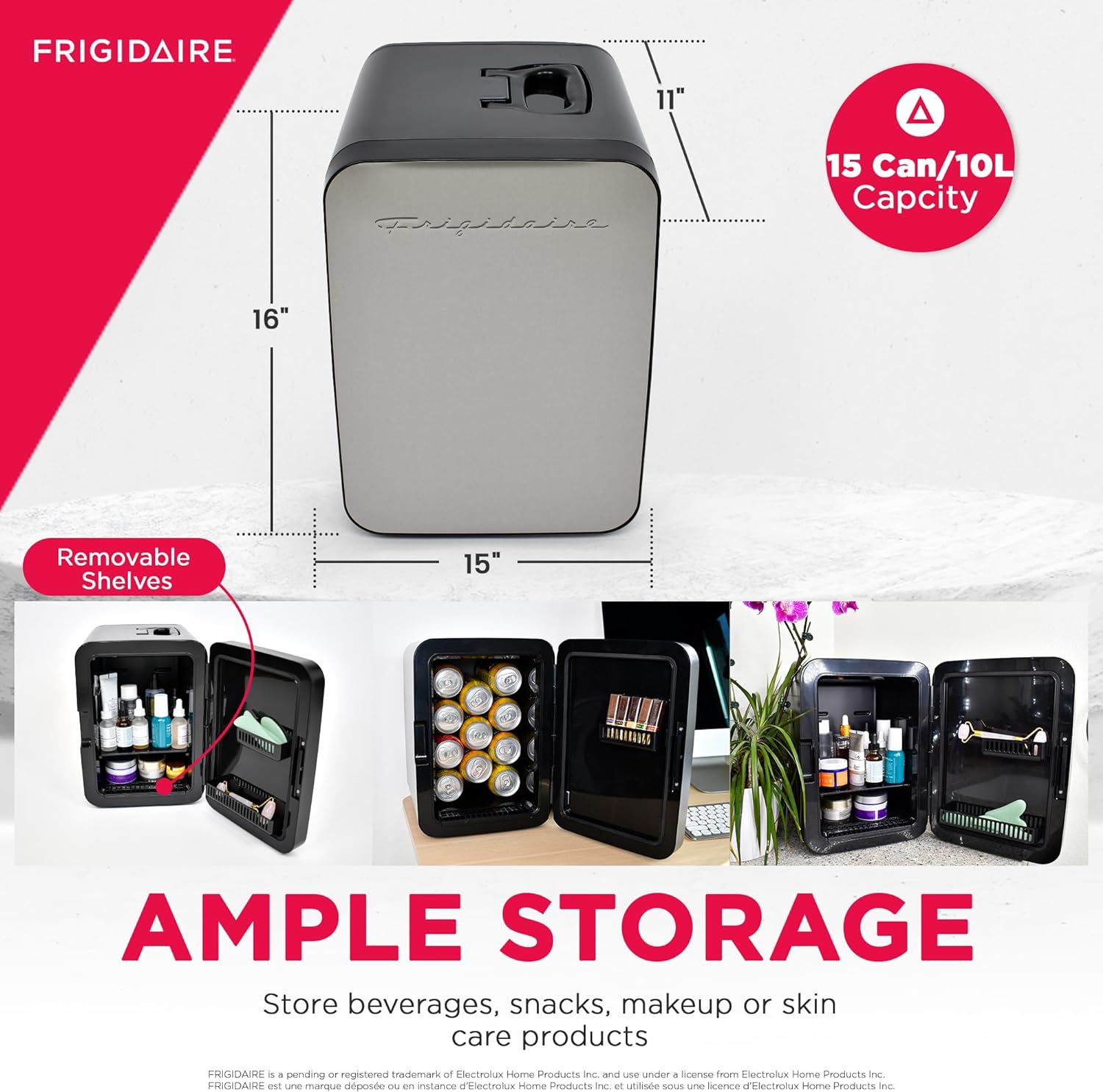 Frigidaire EFMIS188-SS 15 Can Mini Portable Fridge Cooler, 10L, 15-can Capacity, Brushed Stainless Rugged Finish