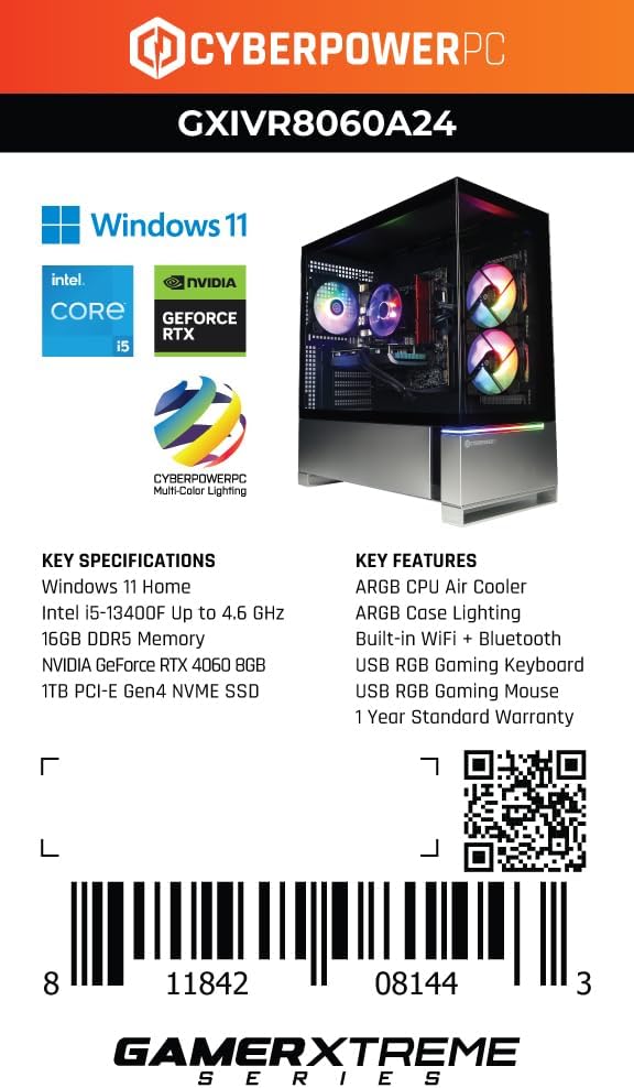 CyberPowerPC Gamer Xtreme VR Gaming PC, Intel Core i5-13400F 2.5GHz, GeForce RTX 4060 8GB, 16GB DDR5, 1TB PCIe Gen4 SSD, WiFi Ready & Windows 11 Home (GXiVR8060A24)