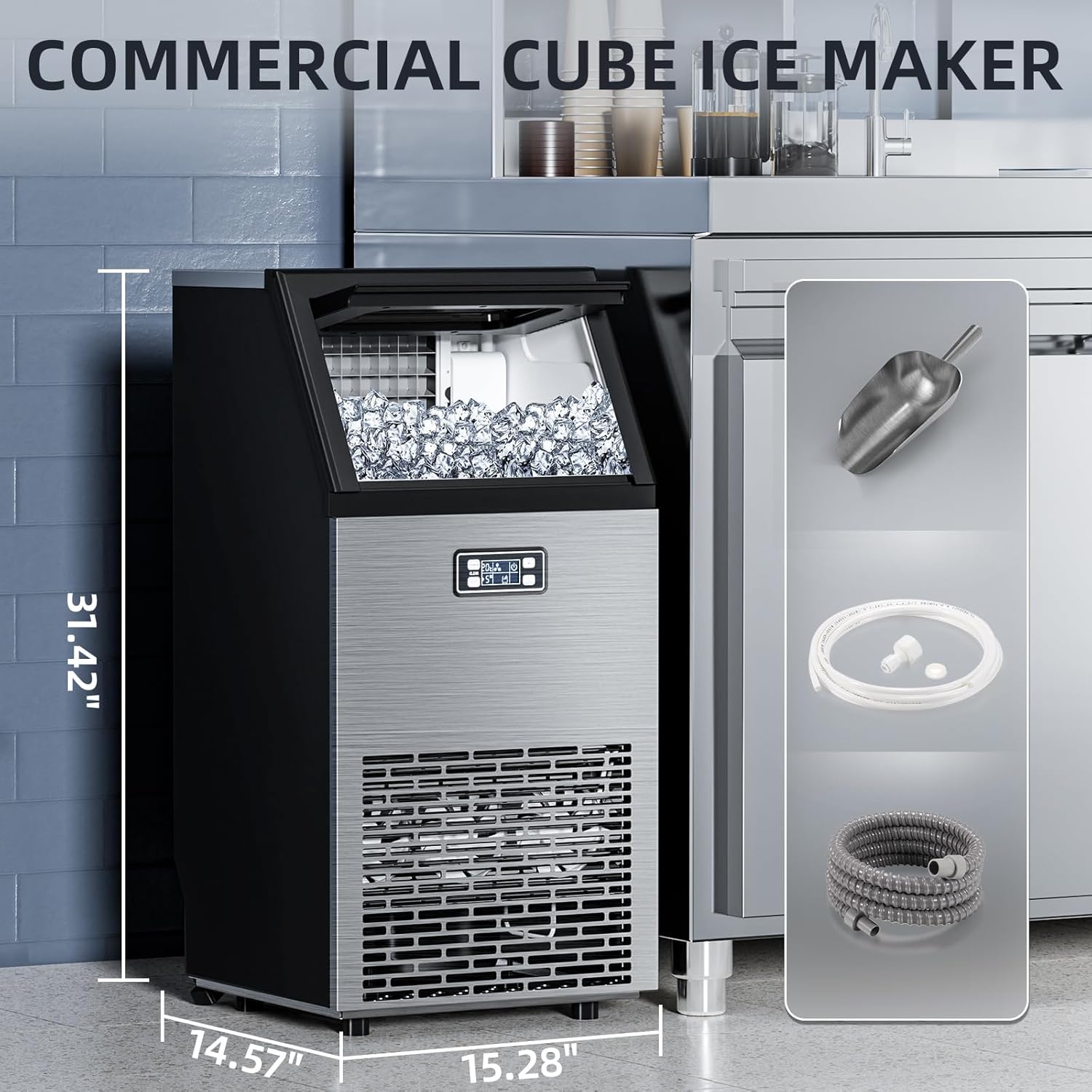 Antarctic Star Commercial Ice Makers Machine Stainless Steel Makers 100 Lbs of Ice Per 24H with 33 Pounds Storage Capacity Ice Cubes Freestanding Party/Bar/Restaurant Scoop Connection Hose Silver