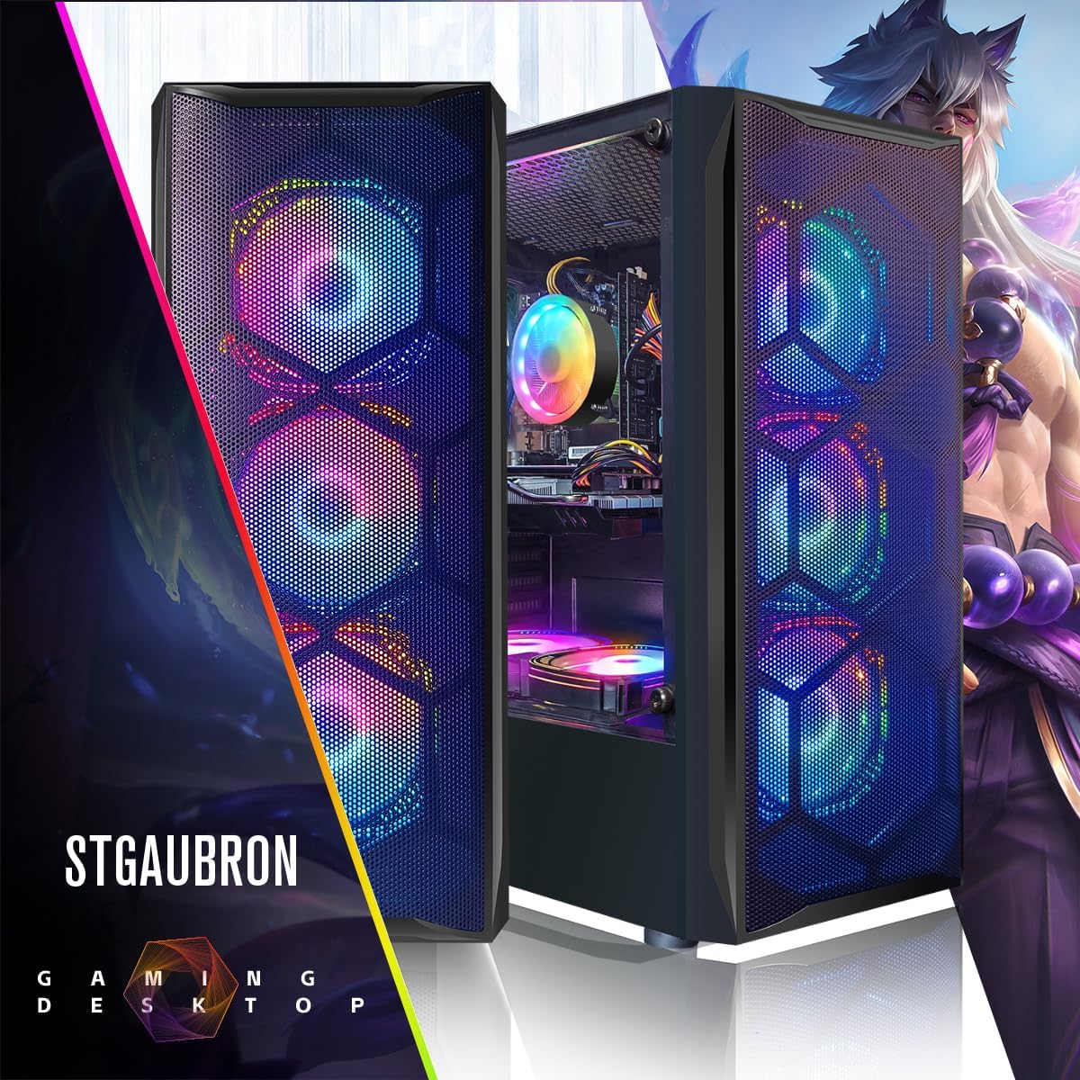 STGAubron Gaming PC Desktop Computer, Intel Core I7 up to 3.9 GHz, Radeon RX 580 8G, 16G RAM, 512G SSD, WiFi, Bluetooth 5.0, RGB Fan x6, RGB BT Sound Bar, Windows 10 Home