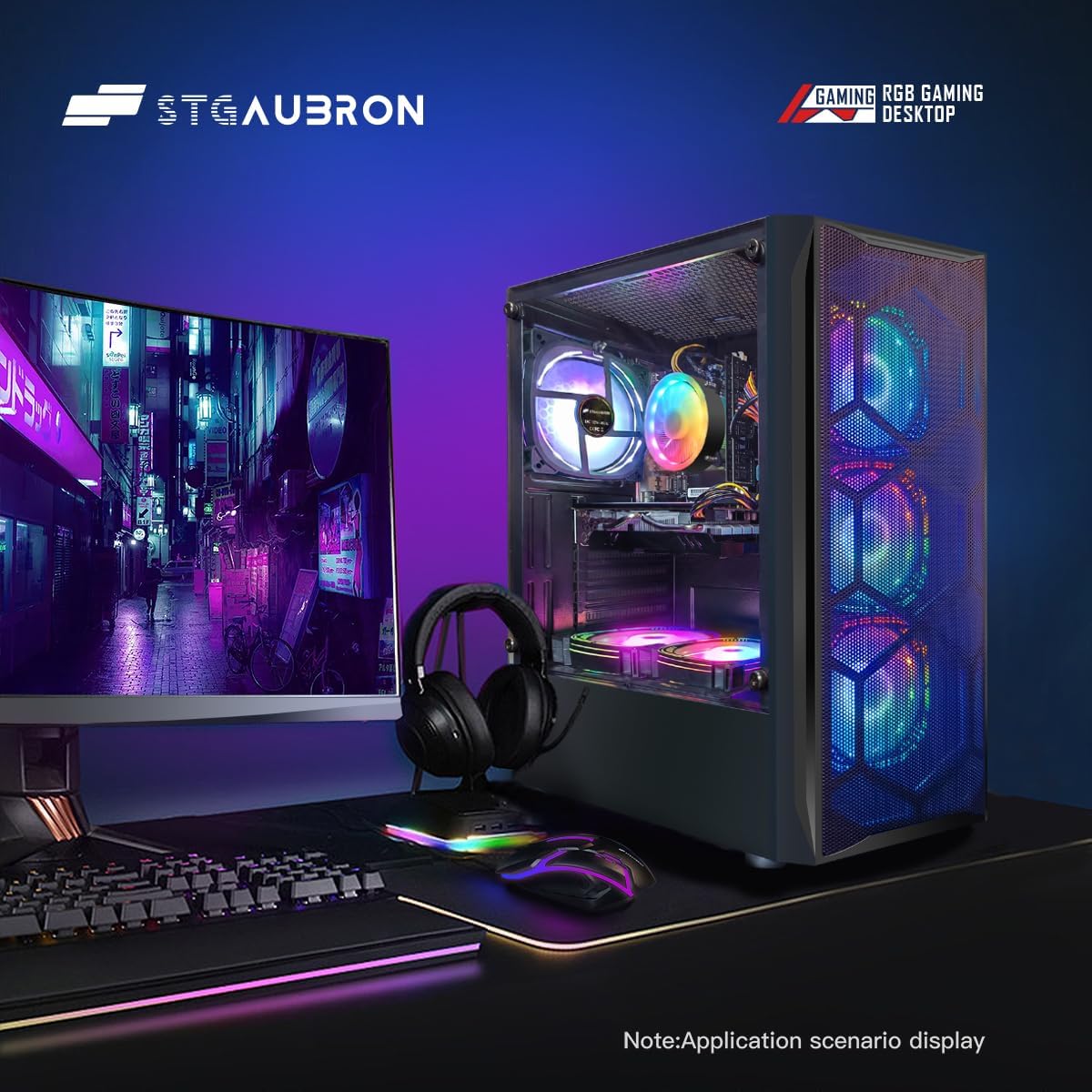 STGAubron Gaming PC Desktop Computer, Intel Core I7 up to 3.9 GHz, Radeon RX 580 8G, 16G RAM, 512G SSD, WiFi, Bluetooth 5.0, RGB Fan x6, RGB BT Sound Bar, Windows 10 Home