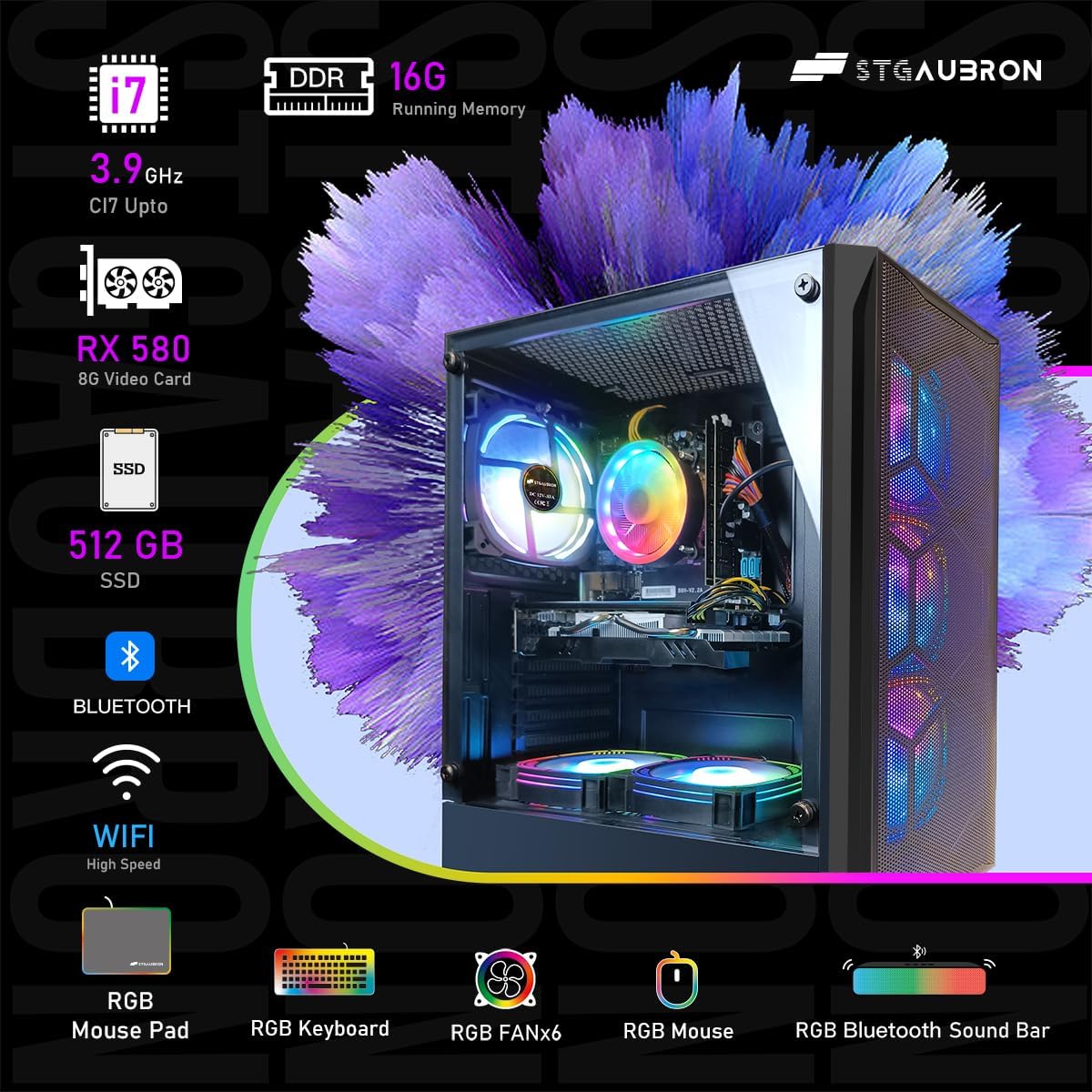 STGAubron Gaming PC Desktop Computer, Intel Core I7 up to 3.9 GHz, Radeon RX 580 8G, 16G RAM, 512G SSD, WiFi, Bluetooth 5.0, RGB Fan x6, RGB BT Sound Bar, Windows 10 Home