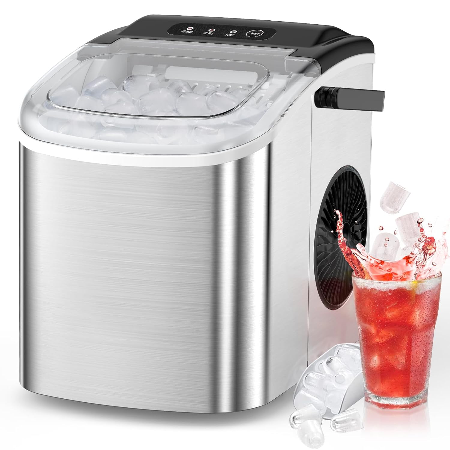 Ice Makers Countertop with Handle, Portable Ice Machine with Self-Cleaning, 9 Ice Cubes in 6 Mins, 26.5lbs/24Hrs, Quiet Ice Maker with Scoop for Home/Office/Camping/RV, Silver