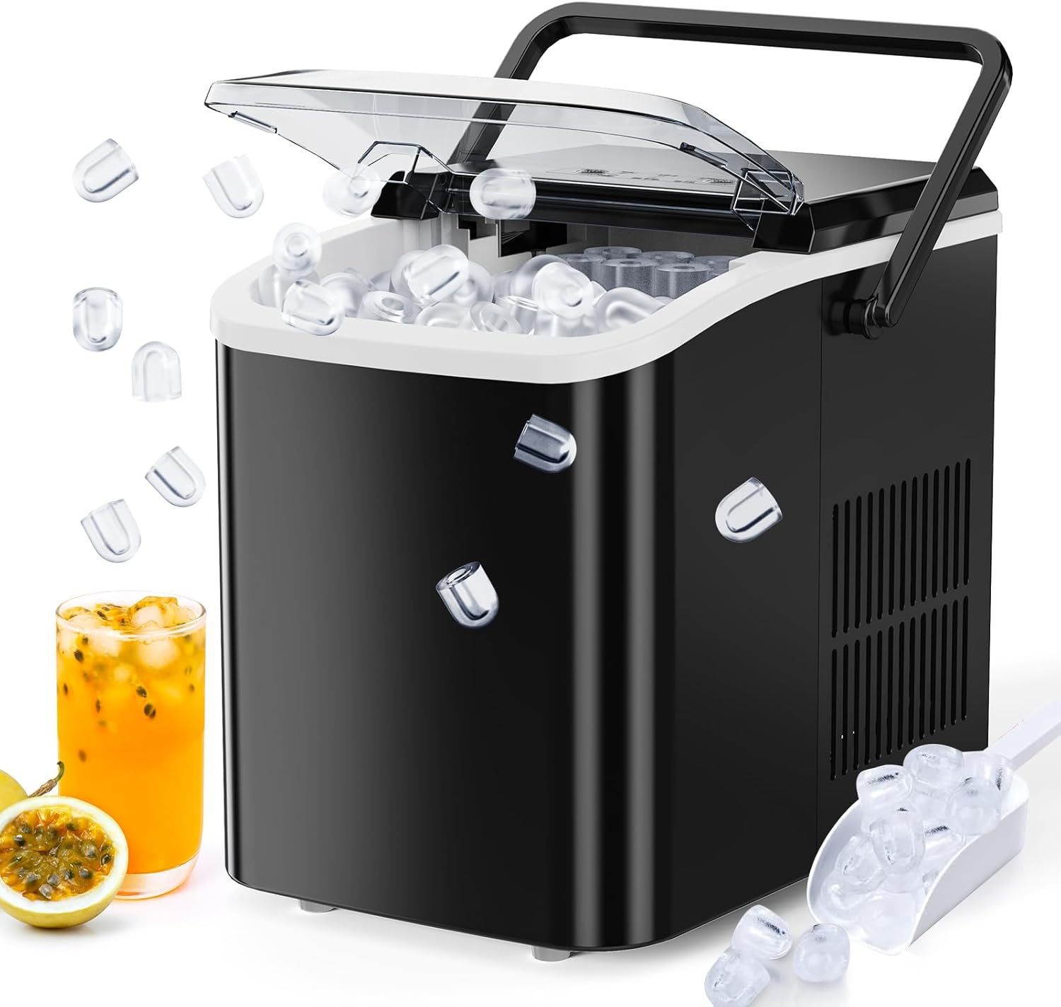 Sweetcrispy Countertop Ice Maker Machine, Portable Self-Cleaning Ice Machine with Ice Scoop, Basket and Handle, 9 Cubes in 6 Mins, 26.5lbs/24Hrs, 2 Sizes of Bullet Ice for Home Kitchen, Coal Black