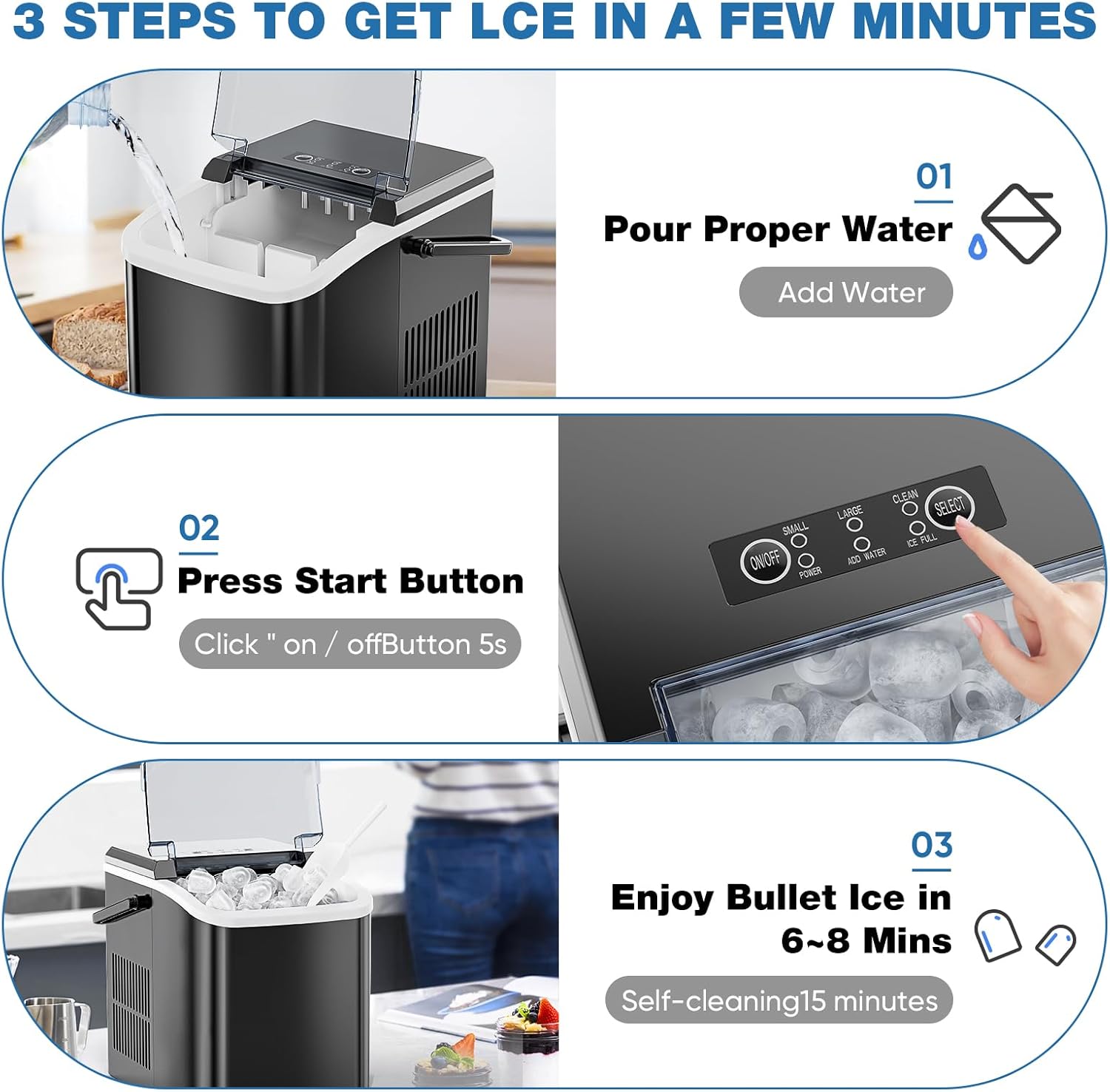 Sweetcrispy Countertop Ice Maker Machine, Portable Self-Cleaning Ice Machine with Ice Scoop, Basket and Handle, 9 Cubes in 6 Mins, 26.5lbs/24Hrs, 2 Sizes of Bullet Ice for Home Kitchen, Coal Black