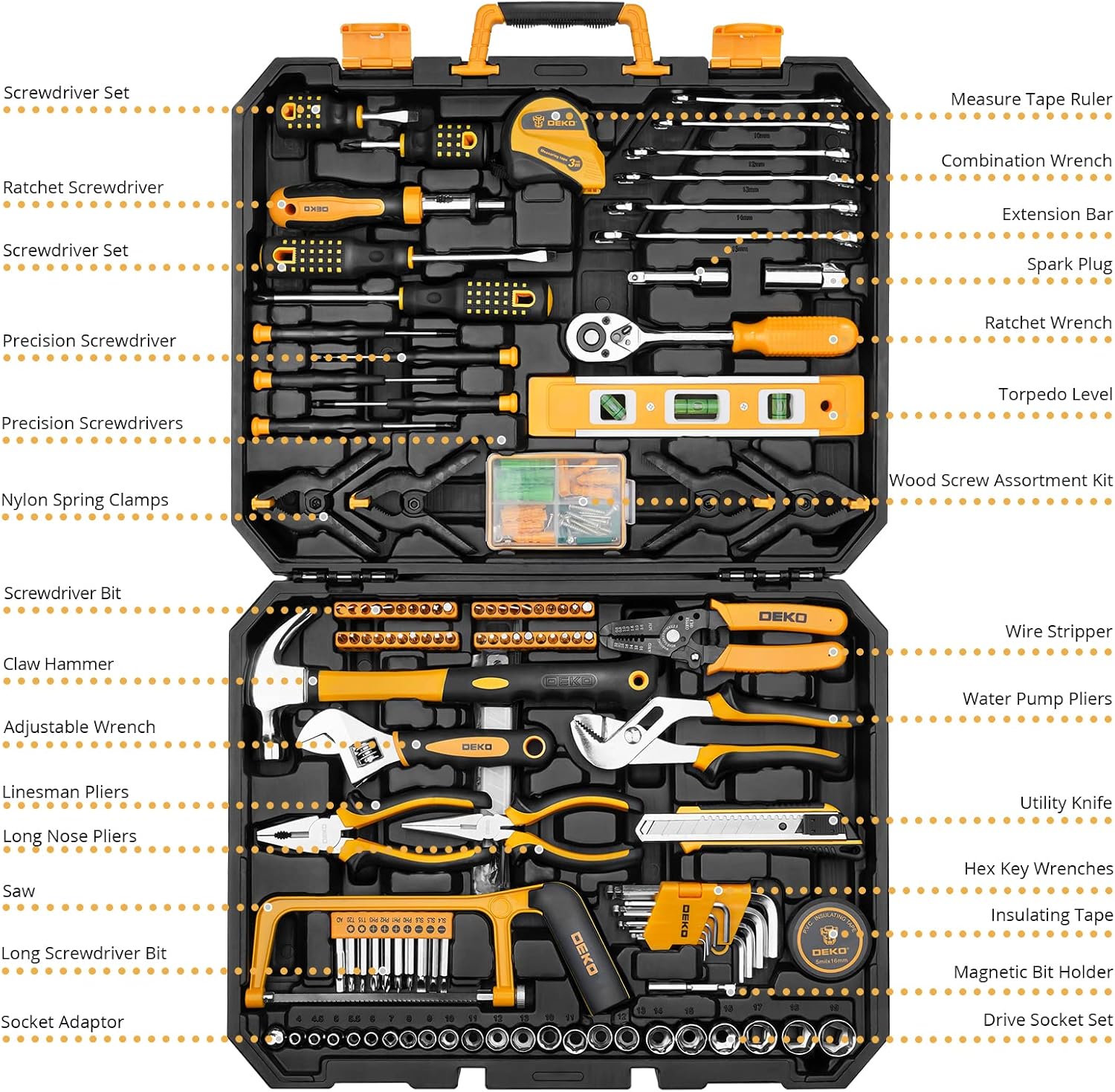 DEKOPRO 228 Piece Socket Wrench Auto Repair Tool Combination Package Mixed Tool Set Hand Tool Kit with Plastic Toolbox Storage Case