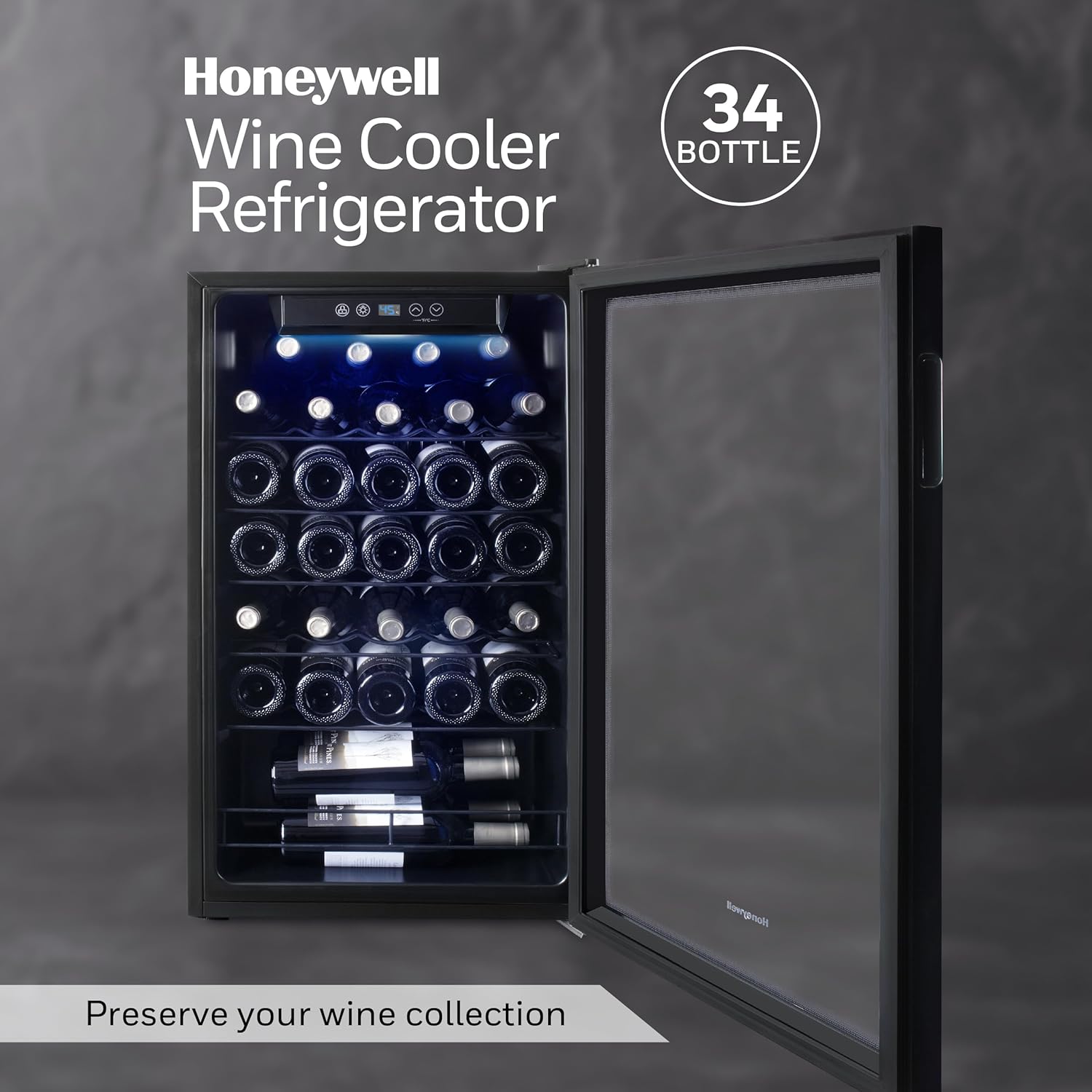 Honeywell 34 Bottle Compressor Wine Cooler Refrigerator, Large Freestanding Wine Cellar For Red, White, Champagne or Sparkling Wine, Digital Temperature Control, Stainless Steel