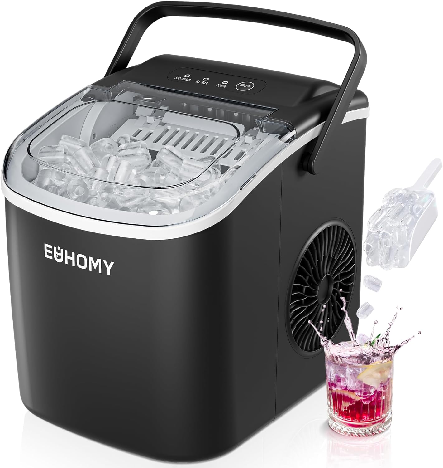 EUHOMY Countertop Ice Maker Machine with Handle, 26lbs in 24Hrs, 9 Ice Cubes Ready in 6 Mins, Auto-Cleaning Portable Ice Maker with Basket and Scoop, for Home/Kitchen/Camping/RV. (Black)